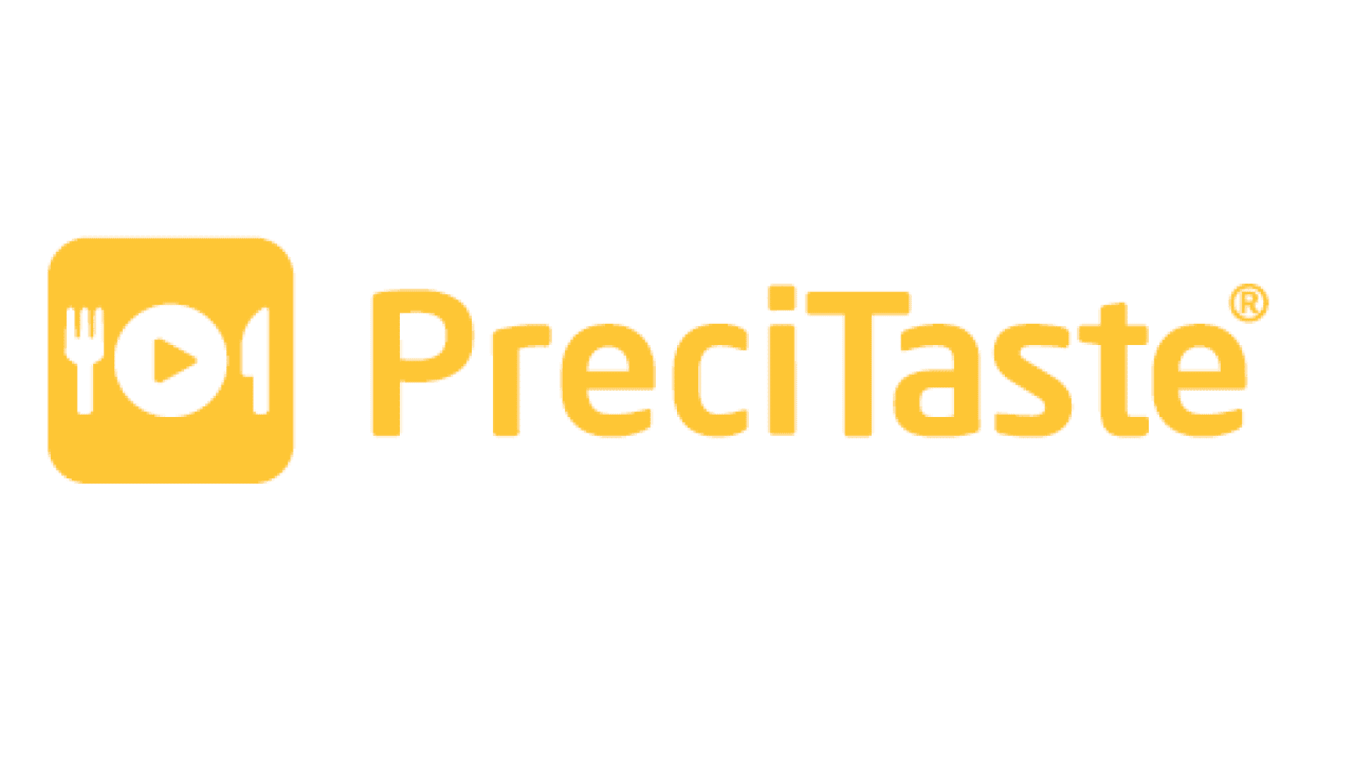 Yellow PreciTaste logo with a rounded square icon featuring a fork, knife, and play button, followed by the word “PreciTaste” in bold, yellow text.
