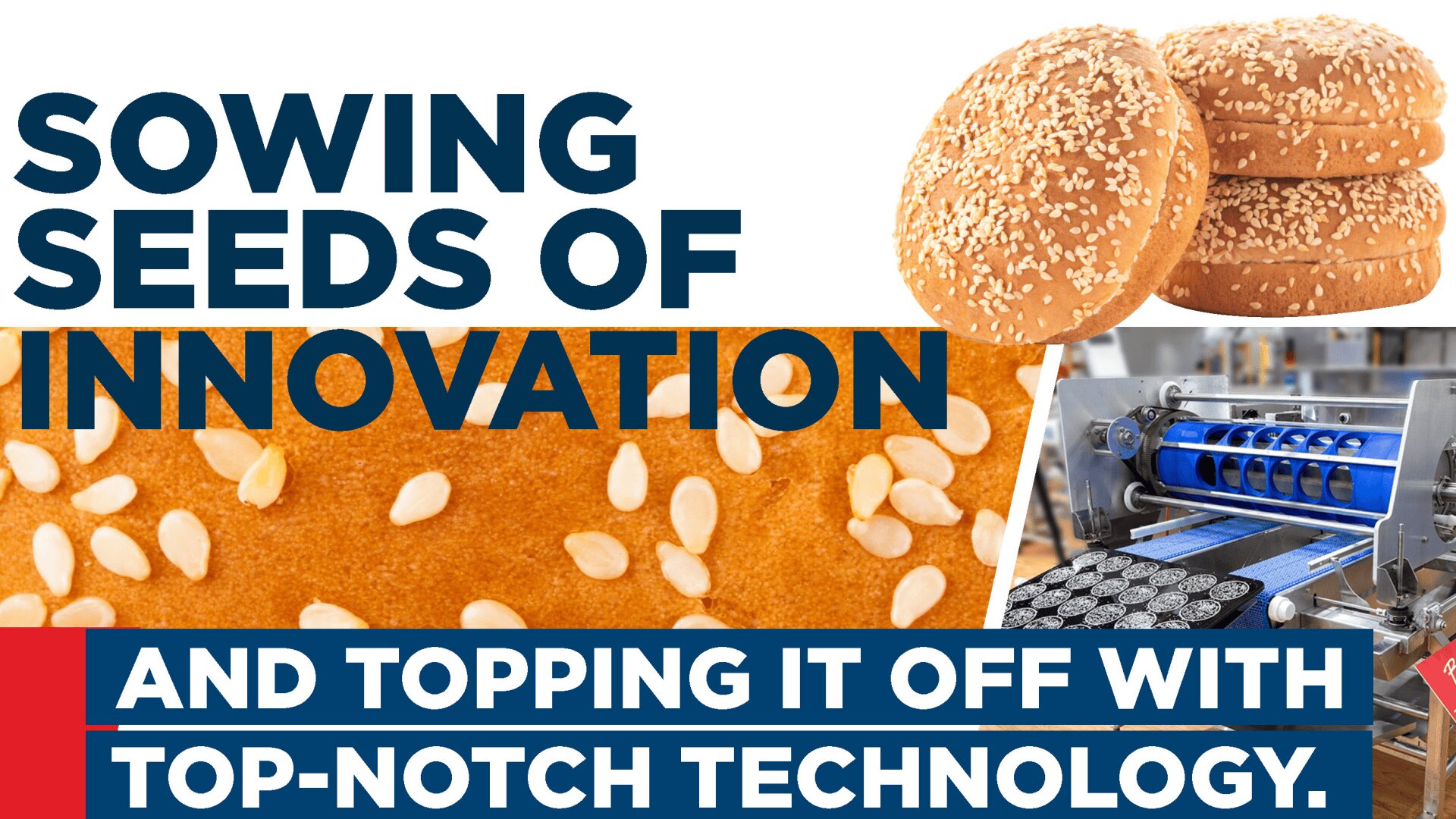 Slogan reads Sowing Seeds of Innovation and topping it off with top-notch technology over images of sesame seed buns, a close-up of bun seeds, and a machine processing baked goods.