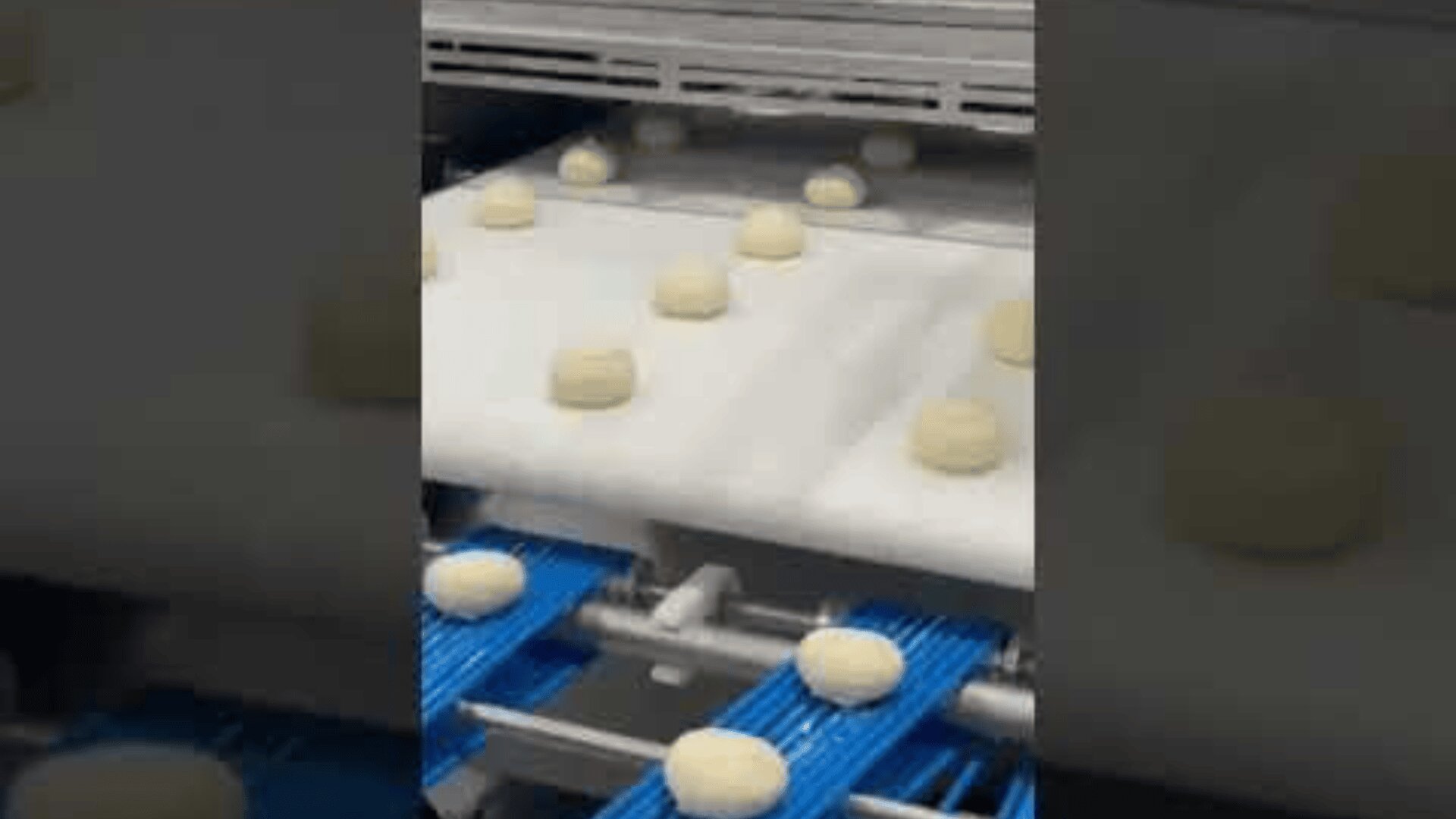 Die Teigkugeln bewegen sich in einer Fabrik über ein Förderband und werden im Rahmen eines automatisierten Lebensmittelherstellungsprozesses in Reihen aufgereiht.
