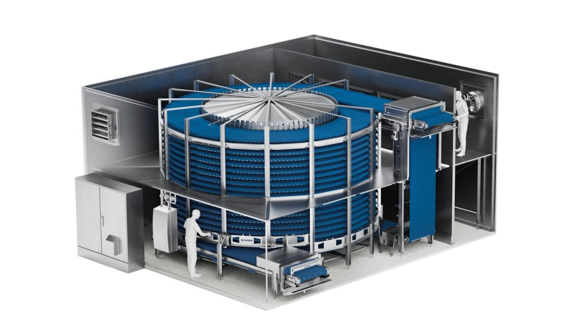 A 3D model of an industrial spiral freezer with multiple blue conveyor belts and a worker operating the system inside a large, enclosed room.