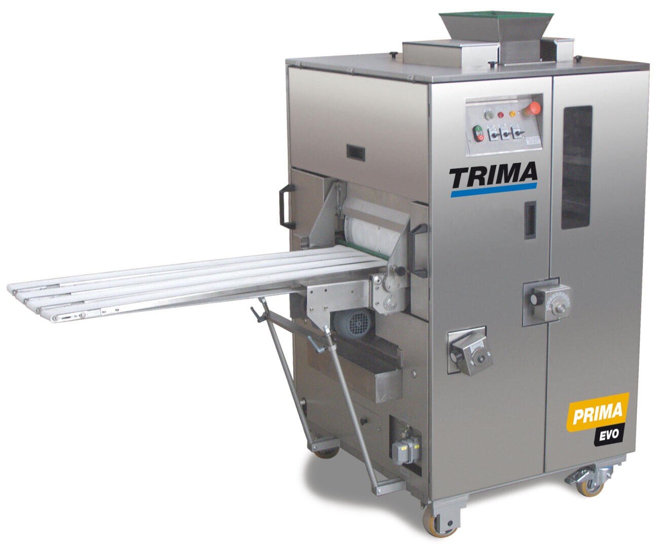 A stainless steel industrial bread-making machine labeled Trima Prima Evo, featuring control buttons, levers, a display screen, and extendable trays for processing dough, all mounted on wheels.