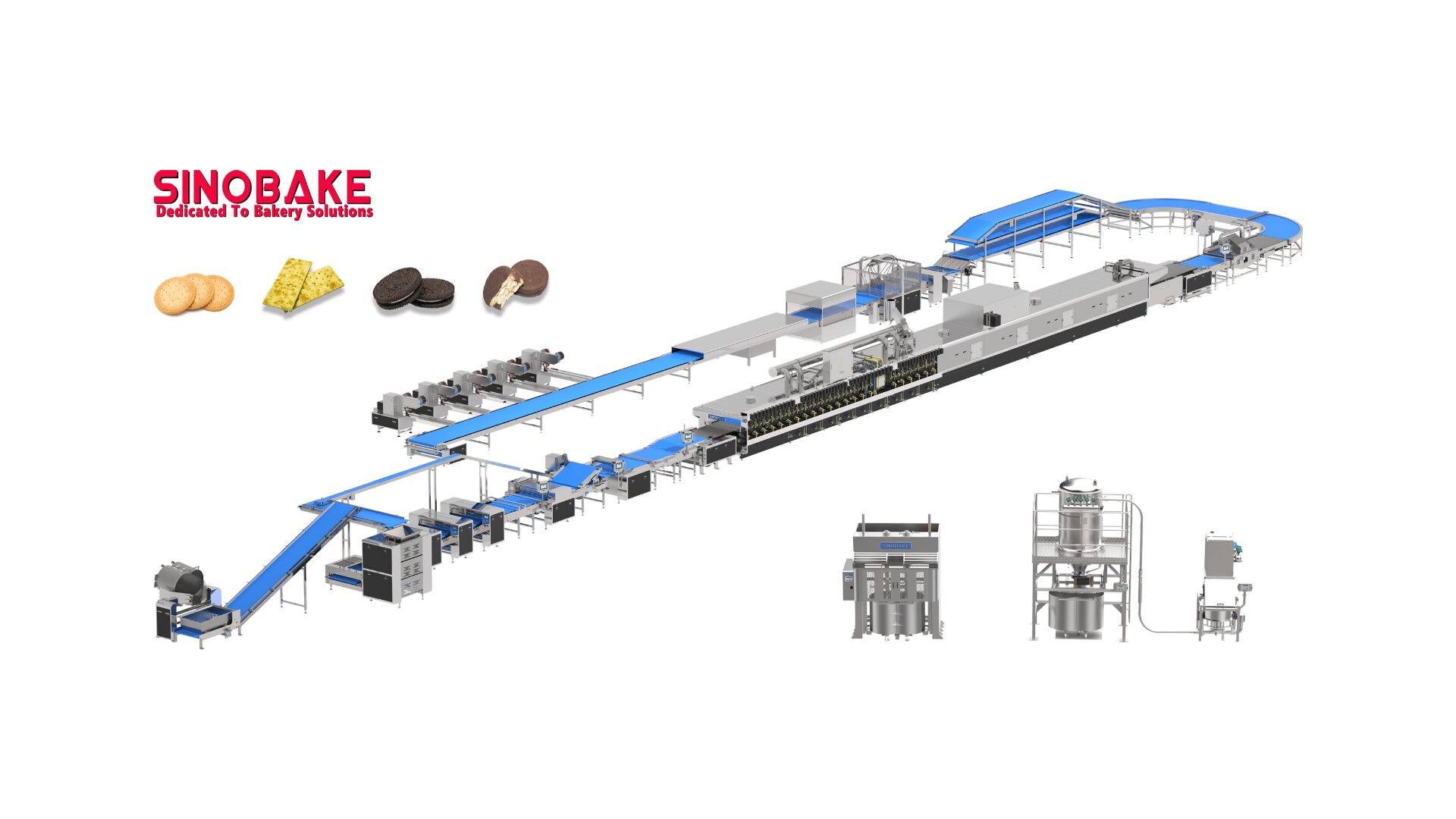Schema einer automatisierten Keks- und Gebäckproduktionslinie von SINOBake mit Förderbändern, Backmaschinen, Verpackungsanlagen und Bildern von Keksen und Snacks oberhalb der Linie.