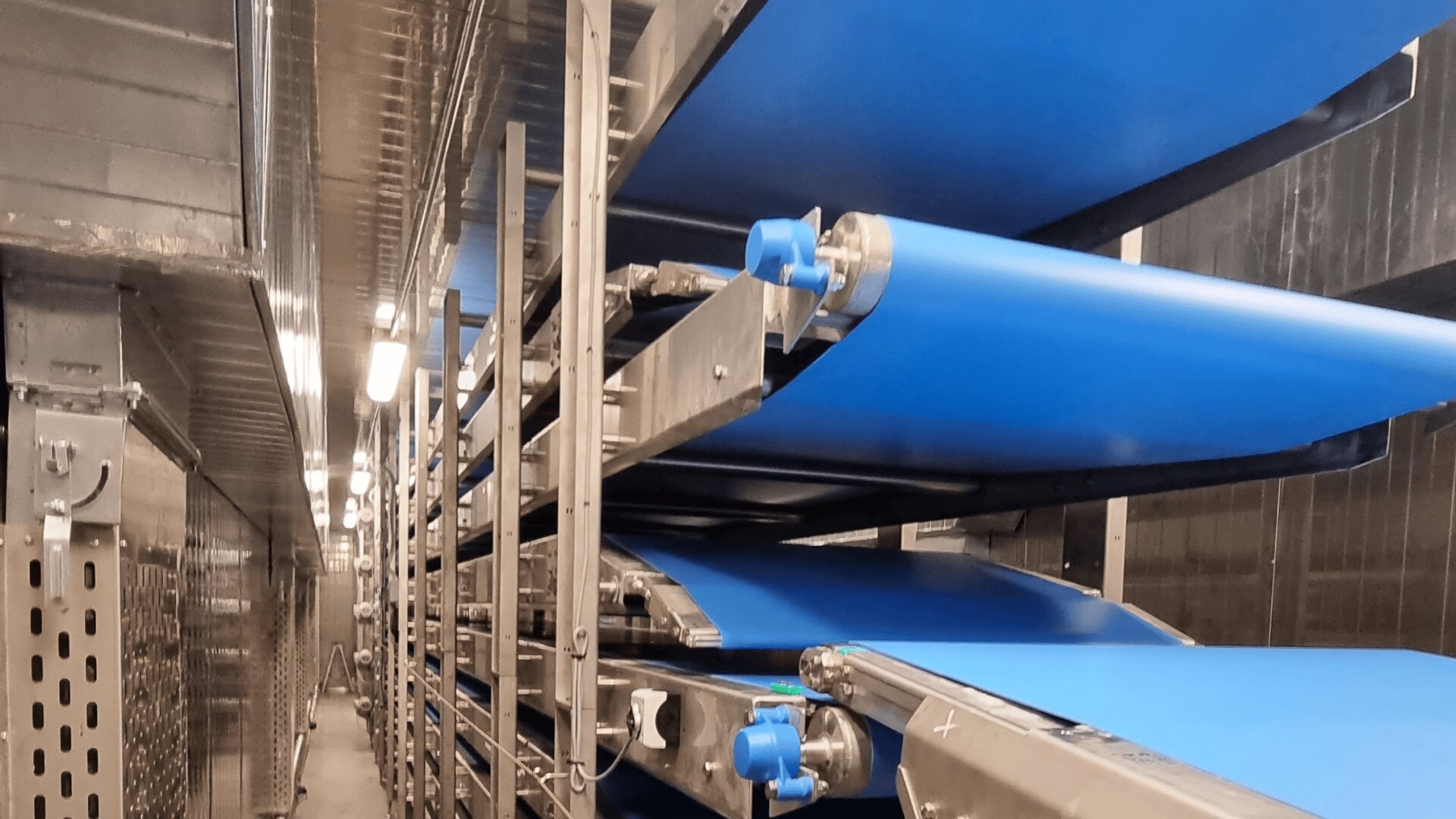A close-up view of multiple blue conveyor belts arranged in parallel layers inside an industrial facility, with metal frames and bright lighting visible.