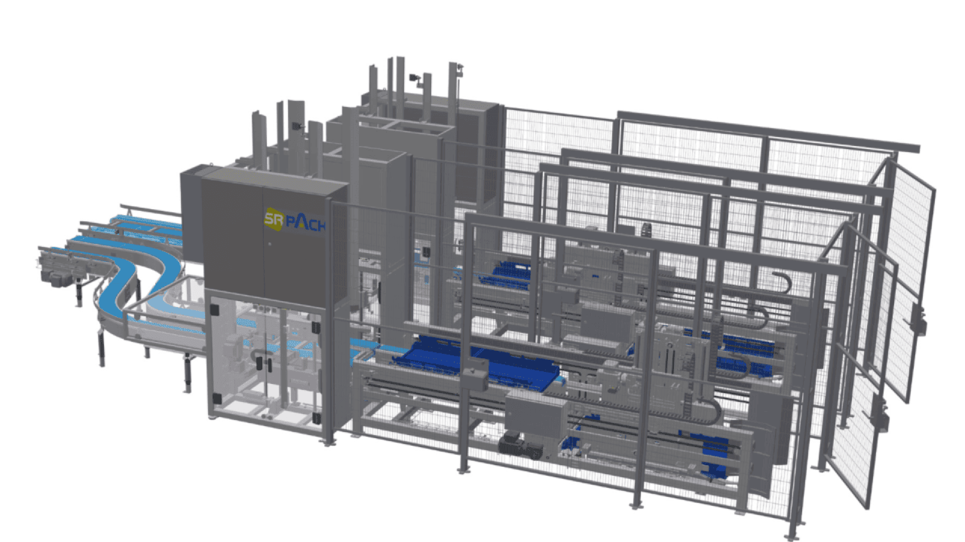 3D-Rendering einer automatisierten Verpackungsmaschine mit Förderbändern, Metallrahmen und Schutzschranken, die zum Sortieren und Verpacken von Produkten in einem industriellen Umfeld verwendet wird.