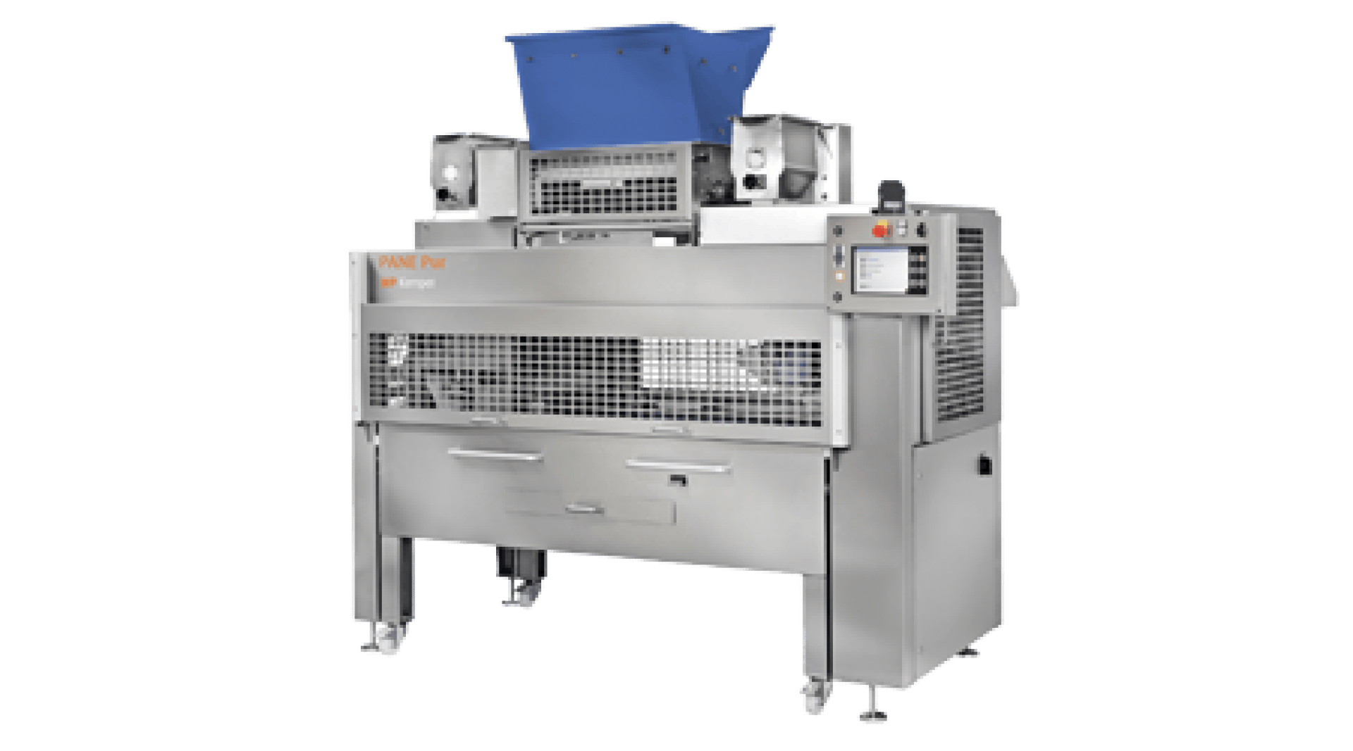 A large industrial bread maker with a blue hopper on the top, a stainless steel housing, wire mesh panels and a digital control panel on the right-hand side.