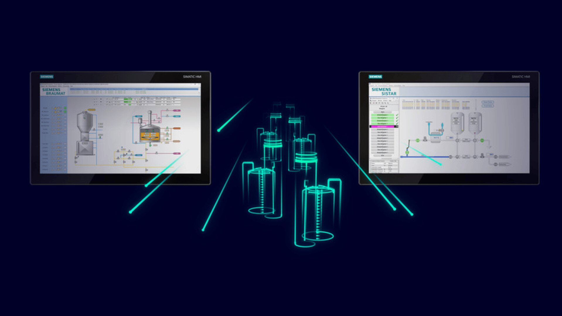Two digital Siemens SIMATIC HMI screens display industrial process diagrams, with neon-blue graphic representations of tanks, pipes, and connections extending in 3D perspective between the screens on a dark background.
