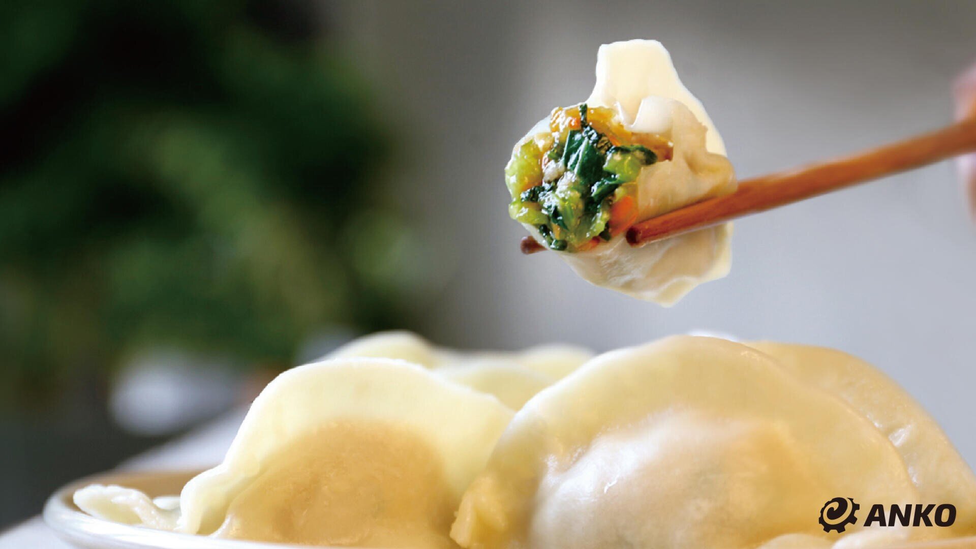 A close-up of chopsticks holding a dumpling with a vegetable filling above a plate of dumplings. The atmosphere is bright and inviting, with the ANKO logo in the bottom right corner.