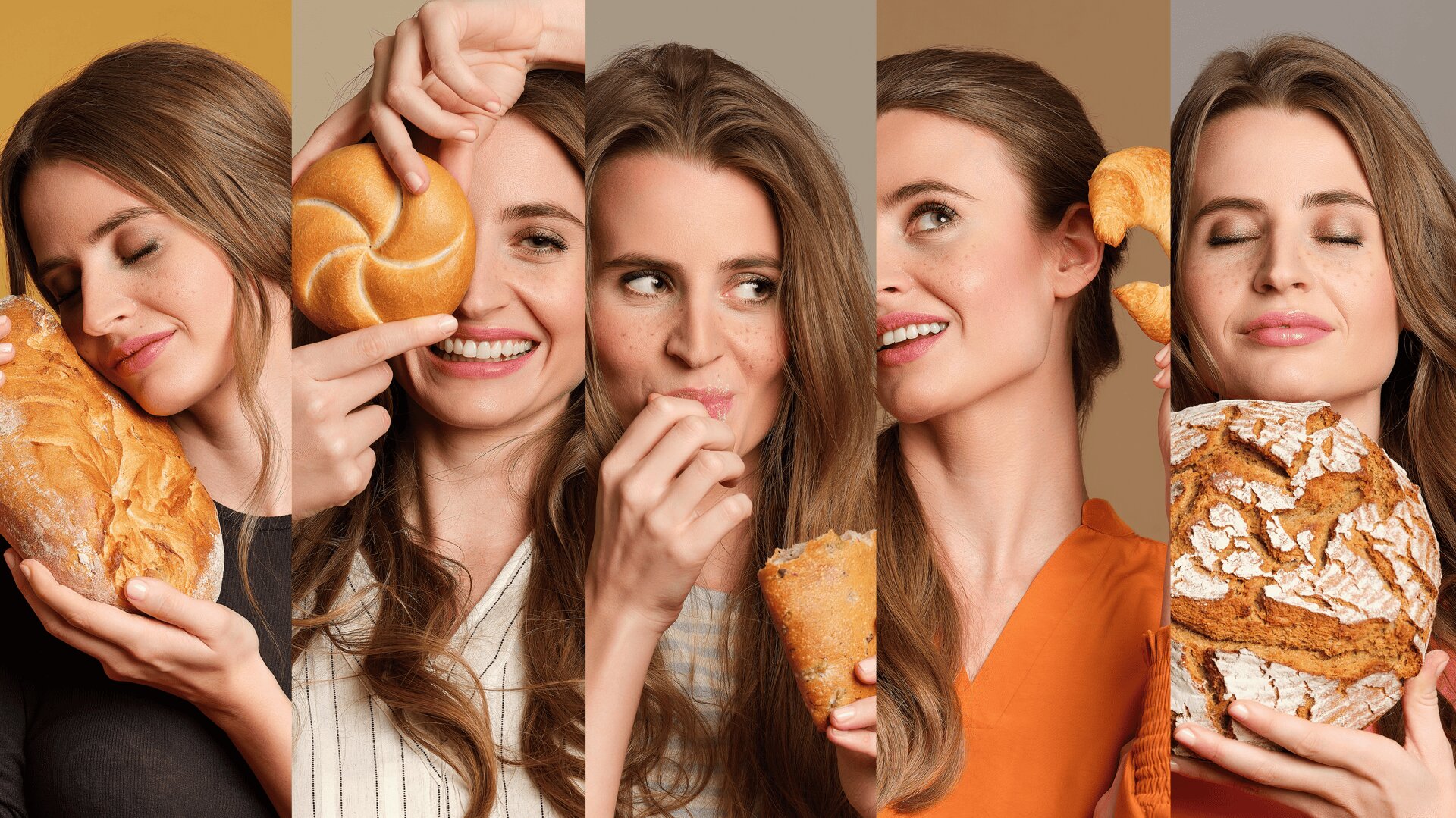 Auf fünf Tafeln ist eine lächelnde Frau abgebildet, die jeweils verschiedene Brotsorten in der Hand hält oder genießt, darunter ein Laib, ein geflochtenes Brötchen, ein Baguette, ein Croissant und ein rundes, rustikales Brot vor farbenfrohen Hintergründen.
