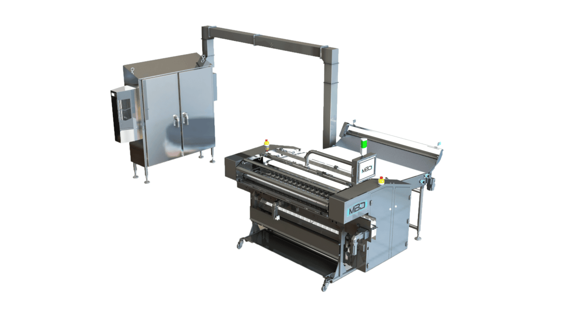 Eine moderne industrielle Lebensmittelverarbeitungsmaschine mit einem Gehäuse aus Edelstahl, einem Fördersystem, einem Bedienfeld und einem Überkopfarm, alles vor einem weißen Hintergrund.