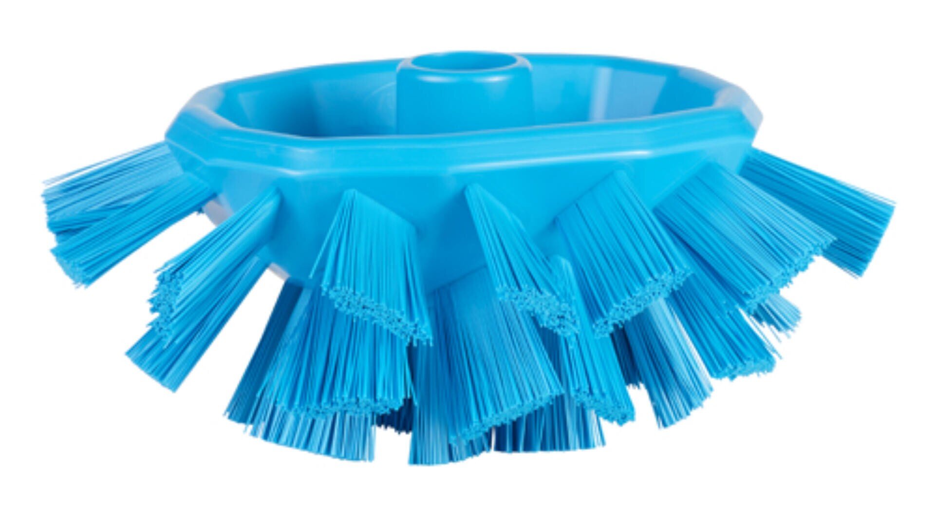 Nahaufnahme eines blauen Schrubbers aus Kunststoff mit steifen Borsten, die um die sechseckige Basis herum angeordnet sind und zum Reinigen dienen.