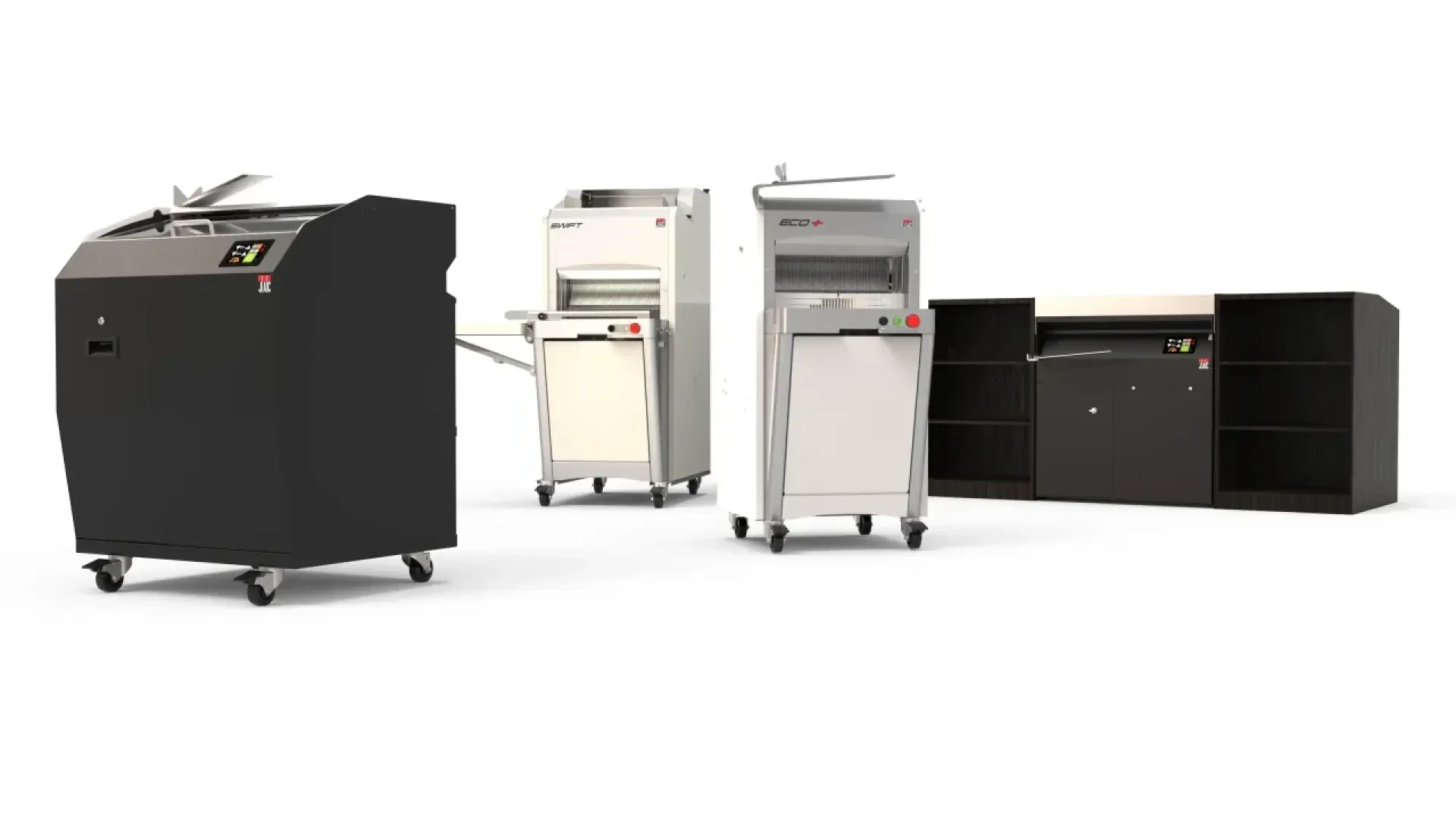 Four industrial machines with wheels are arranged in a row on a white background. Three are light-colored, and one is dark-colored with shelving on the side. All have control panels and metal components visible.