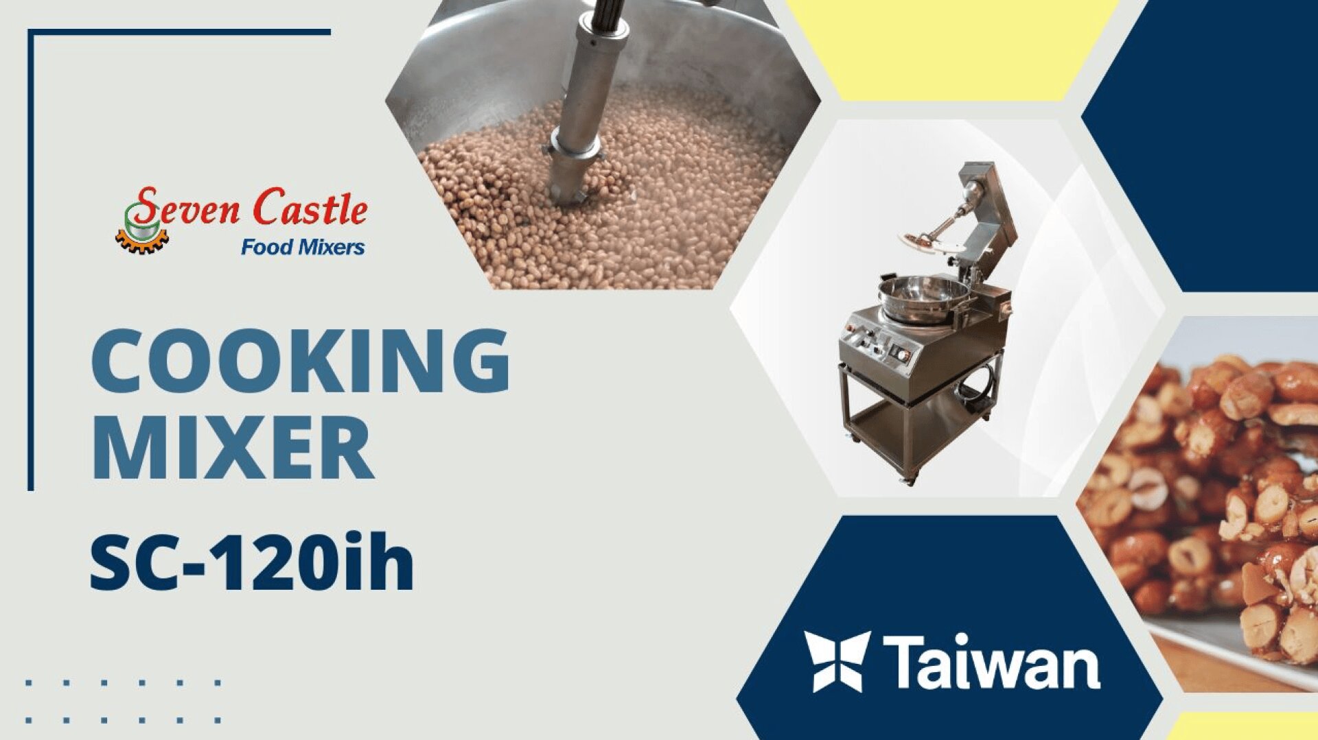 Werbebanner für Seven Castle Food Mixers mit dem Kochmixer SC-120ih, mit Abbildungen des Mixers und von Nüssen, die gerührt werden, und dem Wort Taiwan in der unteren rechten Ecke.