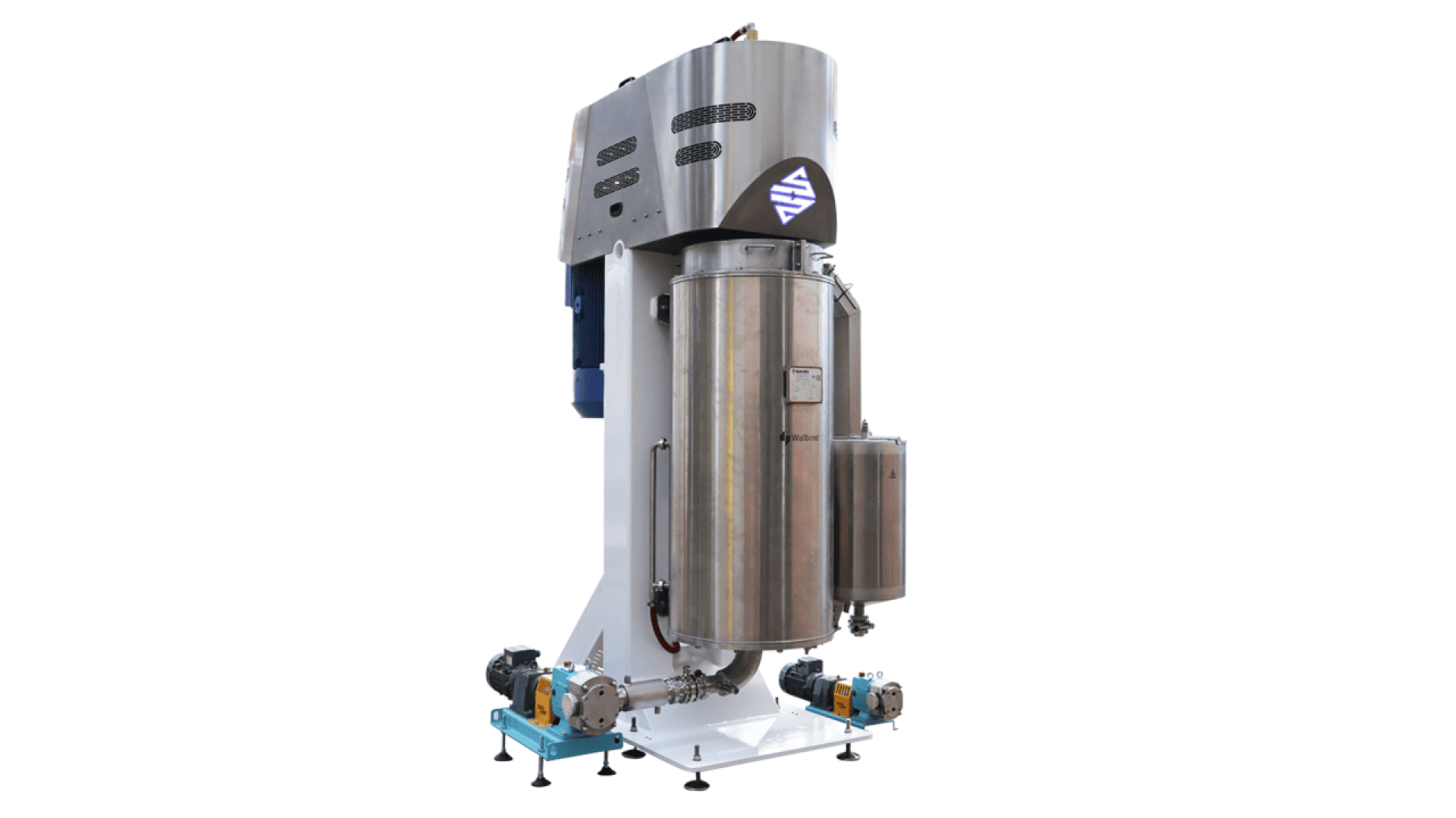A large, industrial stainless steel machine with cylindrical tanks, control panels, and multiple pipes and valves, standing on a white base with adjustable feet.