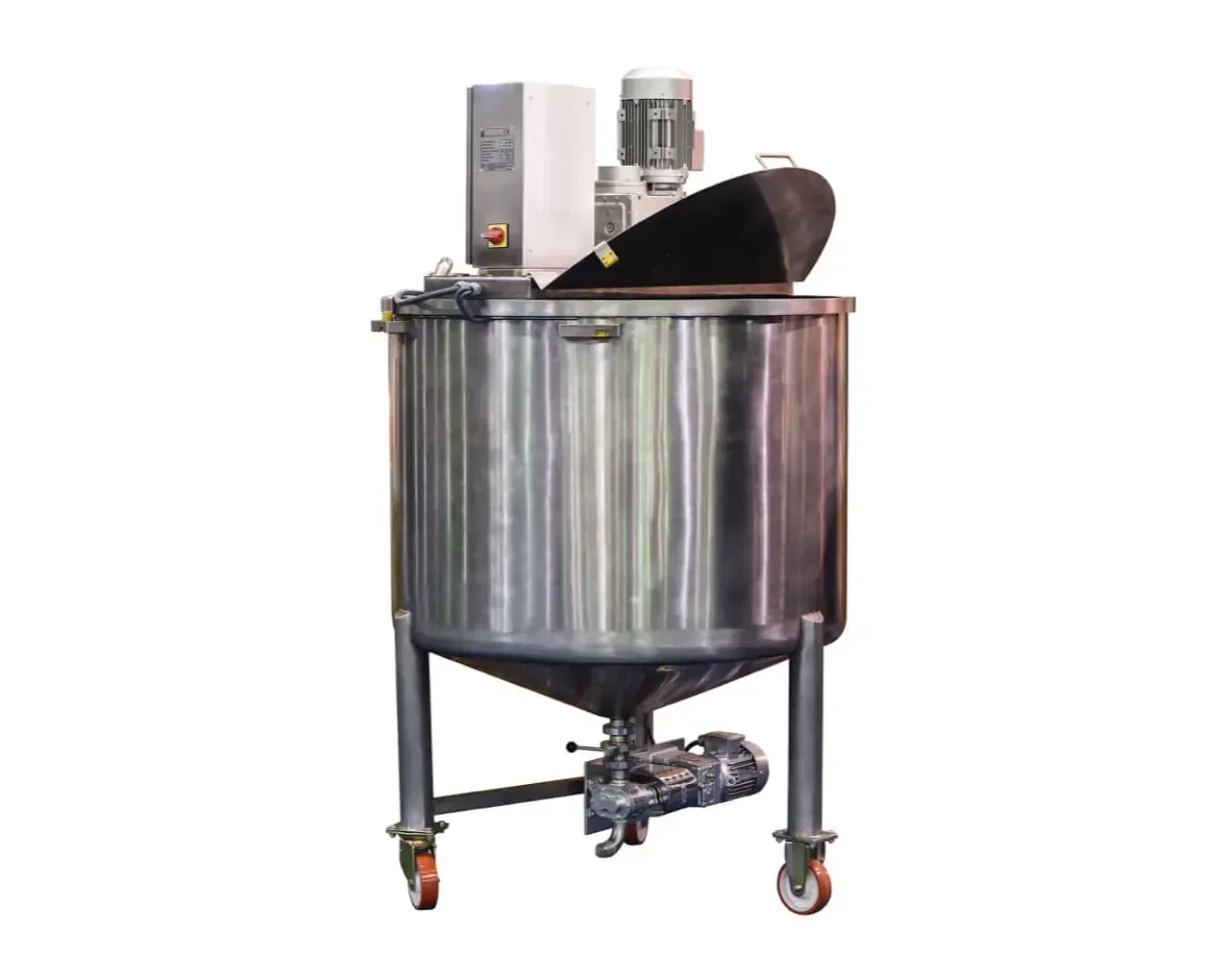 A large stainless steel industrial mixing tank with a motorized agitator on top, supported by four legs with caster wheels, and a valve and piping at the bottom, isolated on a white background.