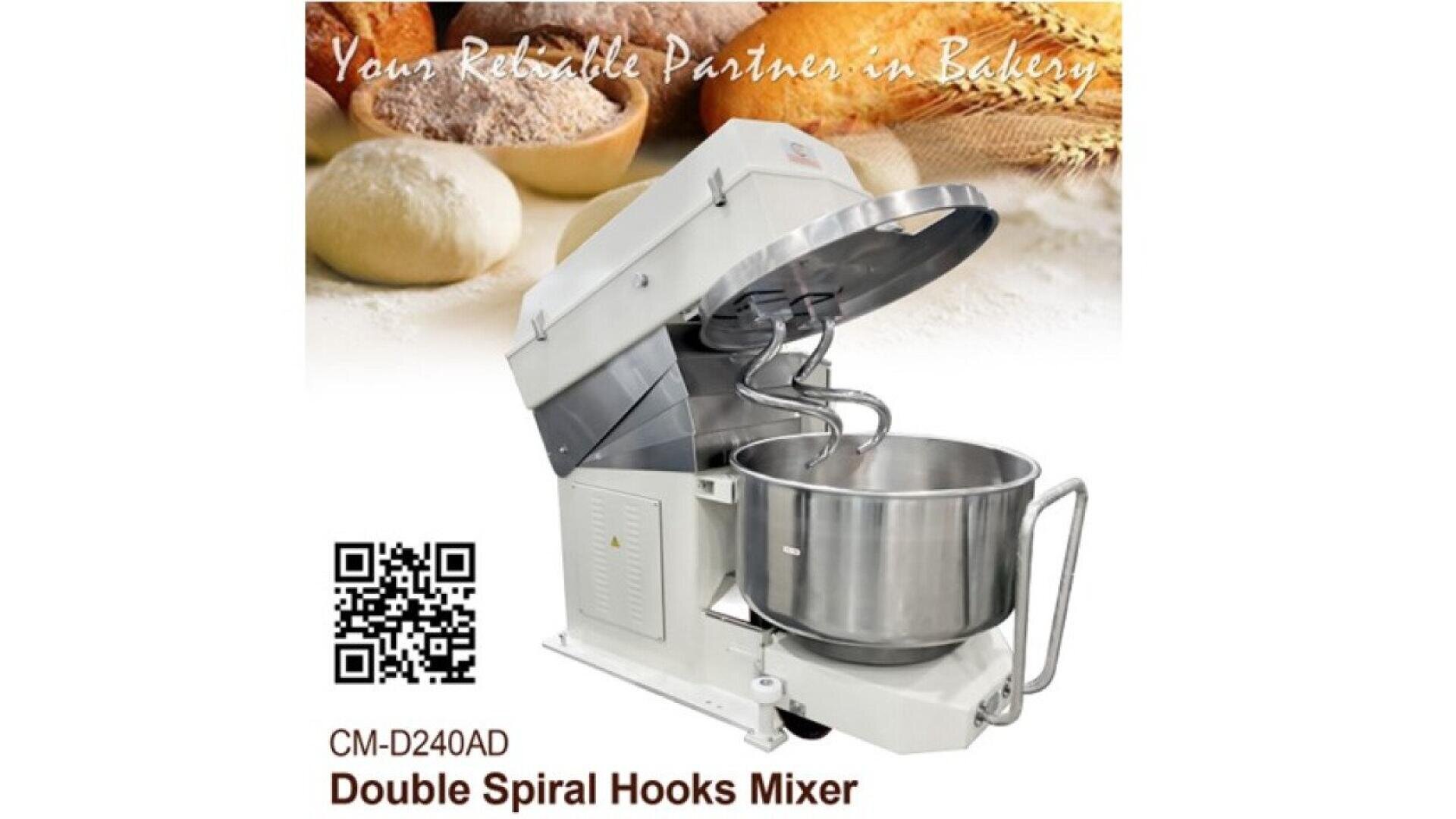 Ein kommerzieller Doppelspiralhakenmischer mit offenem Deckel ist vor Brot, Mehl und Weizen abgebildet. Der Text lautet "Ihr zuverlässiger Partner in der Bäckerei" und "Doppelspiralhakenmischer". Ein QR-Code ist ebenfalls zu sehen.