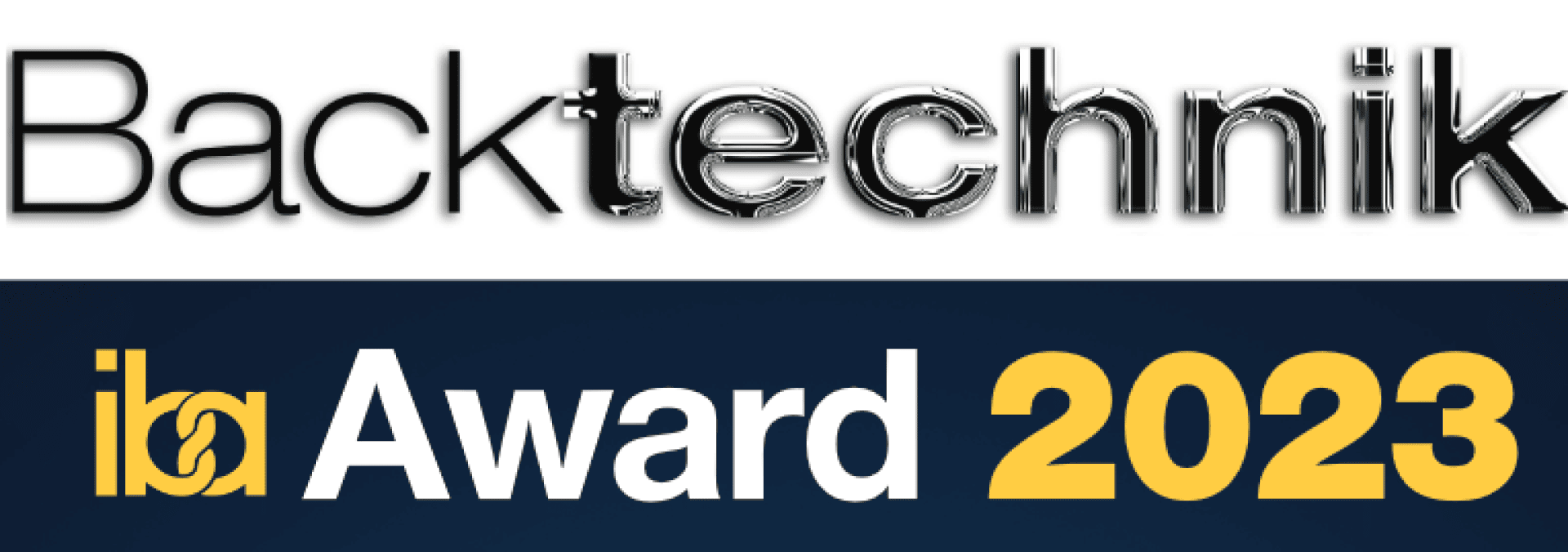 Logo mit dem Wort Backtechnik in Schwarz und Weiß über einem Banner mit der Aufschrift iba Award 2023 in Weiß und Gelb auf dunkelblauem Hintergrund.