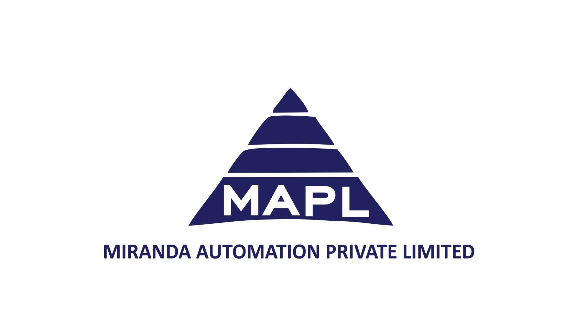 Das Logo von Miranda Automation Private Limited zeigt eine blaue Pyramide mit dem Akronym MAPL in der Mitte und dem vollständigen Firmennamen darunter in blauen Großbuchstaben auf weißem Hintergrund.