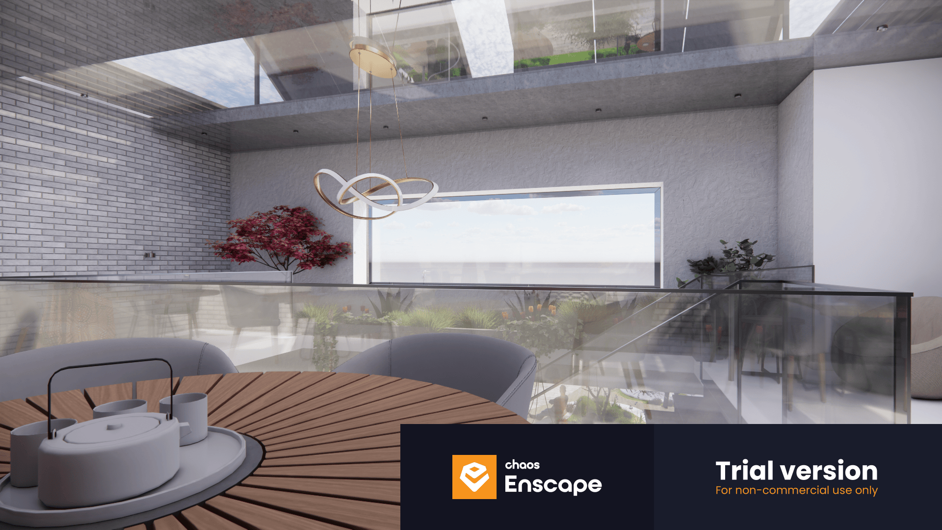 A modern, open-concept interior space with large windows, glass railings, a round table with a teapot set, and indoor plants. Bright natural light fills the area. Trial version and Enscape logos appear at the bottom.