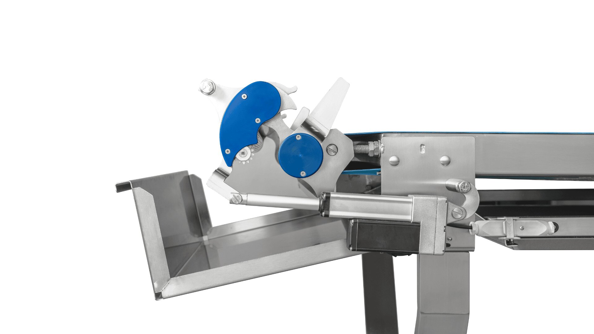 Close-up of a stainless steel industrial conveyor system with blue and silver mechanical components and an attached metal tray, set against a white background.