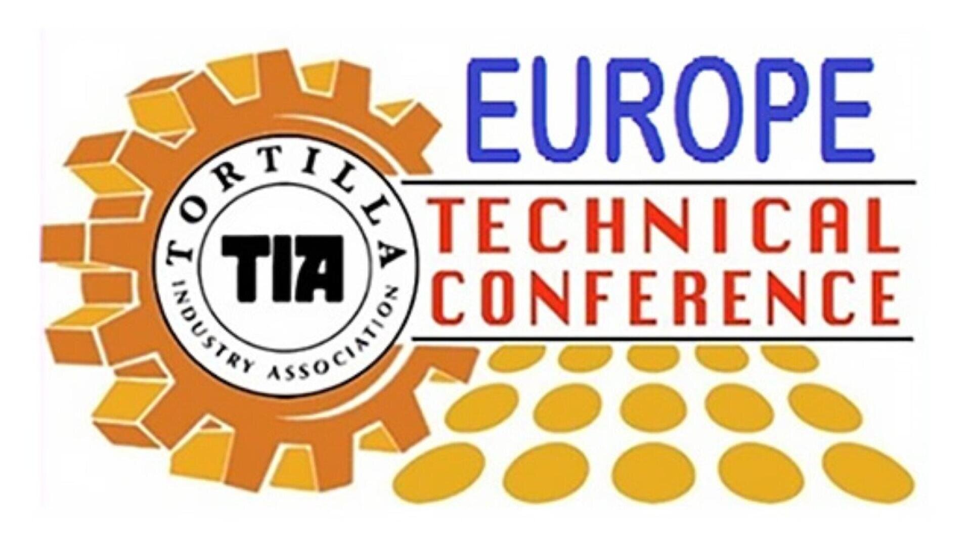 Logo for the Europe Technical Conference by the Tortilla Industry Association, showing a brown gear, yellow ovals, and bold text in blue, red, and black.