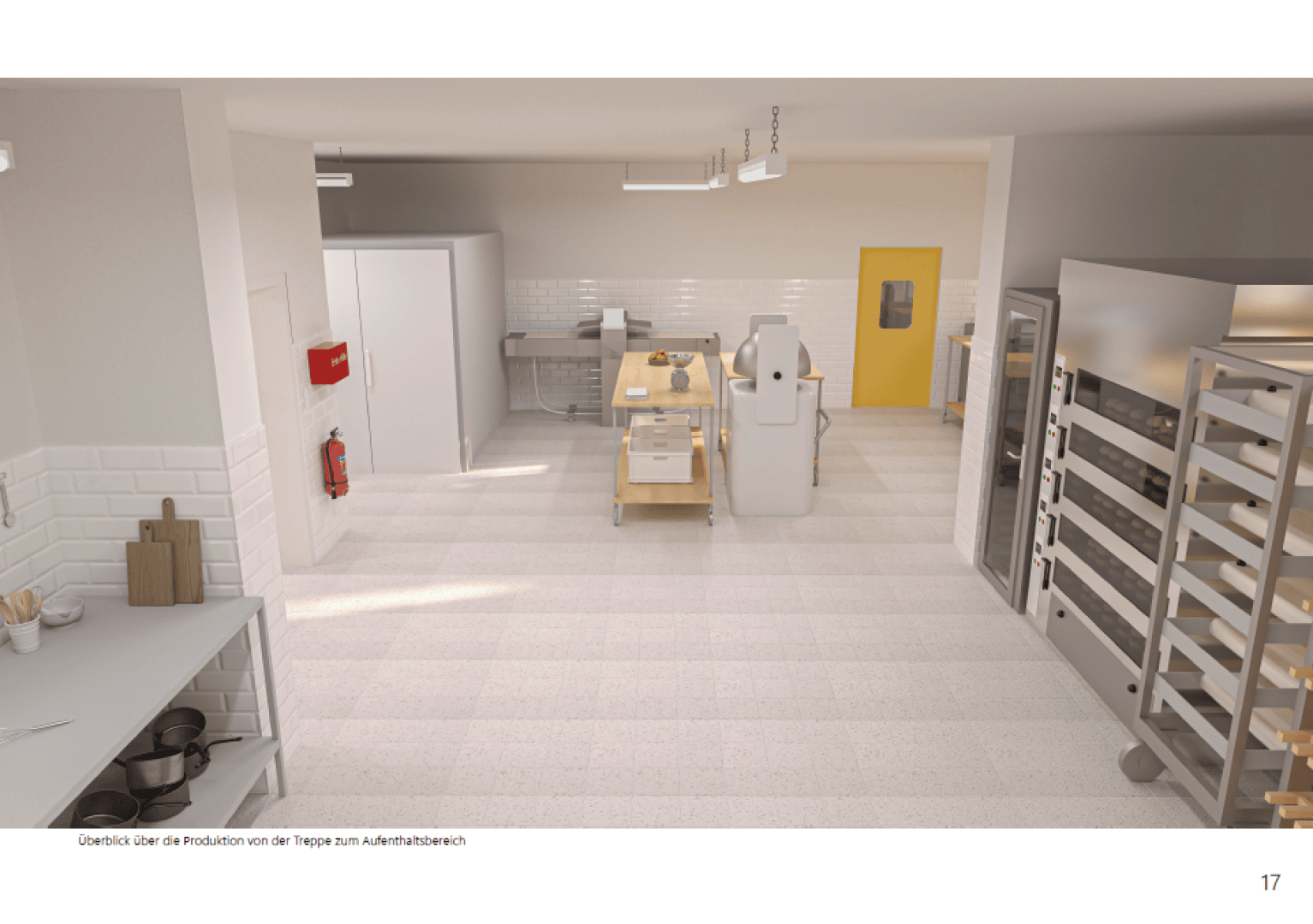 Eine saubere, moderne Bäckereiküche mit weißen Wänden, Backgeräten, Backblechregalen, einer Rührmaschine, Tischen, einem Feuerlöscher und einer gelben Tür im hinteren Bereich. Der Boden ist gefliest, und in den Regalen befinden sich Backzubehör.