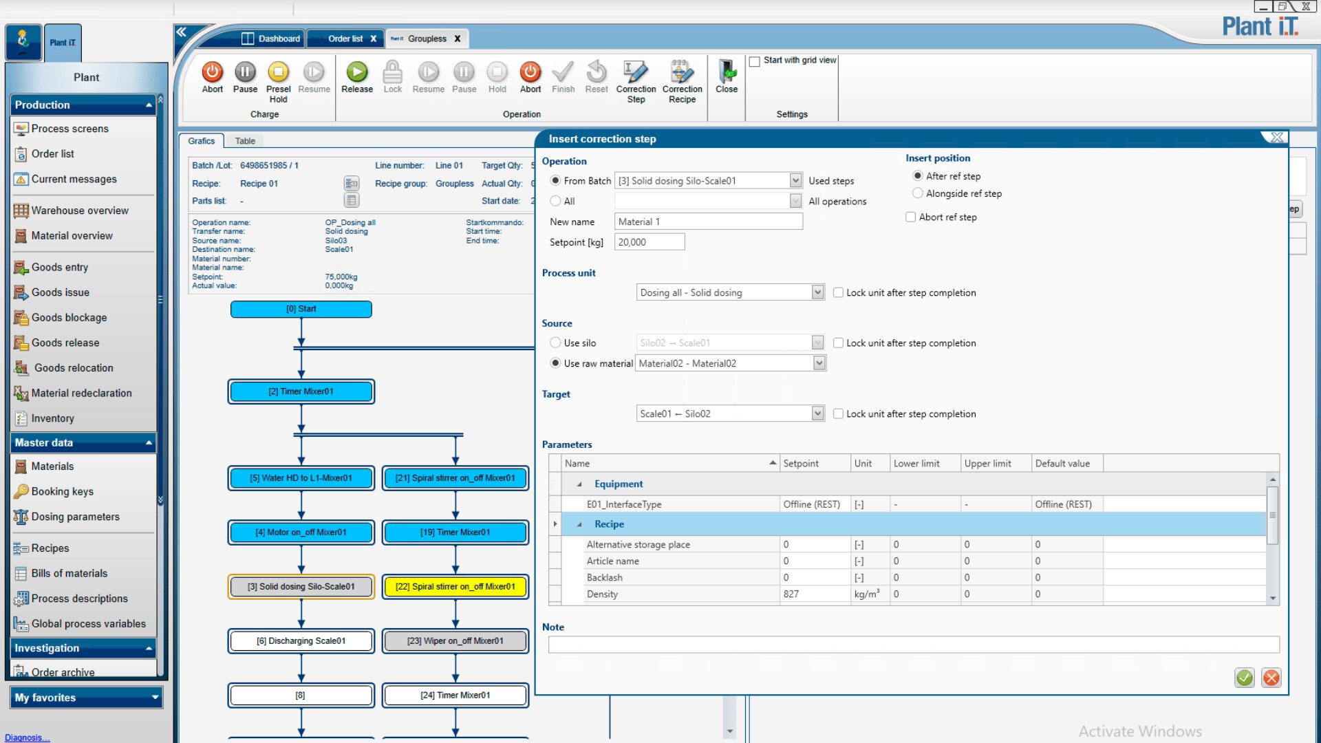 Screenshot of Plant iT software showing recipe management interface with process flowchart on the left, and detailed recipe editing options on the right, including parameters and target settings for production steps.