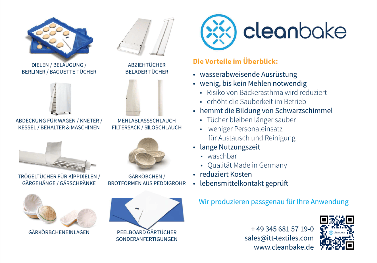 Cleanbake-Produktflyer mit Abbildungen von Backblechen, Gärkörben und Textilien sowie einer Aufzählung von Produktvorteilen wie Wasserbeständigkeit, Hygiene, Haltbarkeit und einfache Reinigung. Inklusive Firmenlogo und Kontaktinformationen.