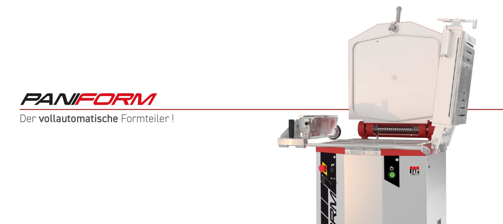 A commercial dough divider machine with an open lid is shown on the right. The text reads: PANIFORM Der vollautomatische Formteiler! on a white background.