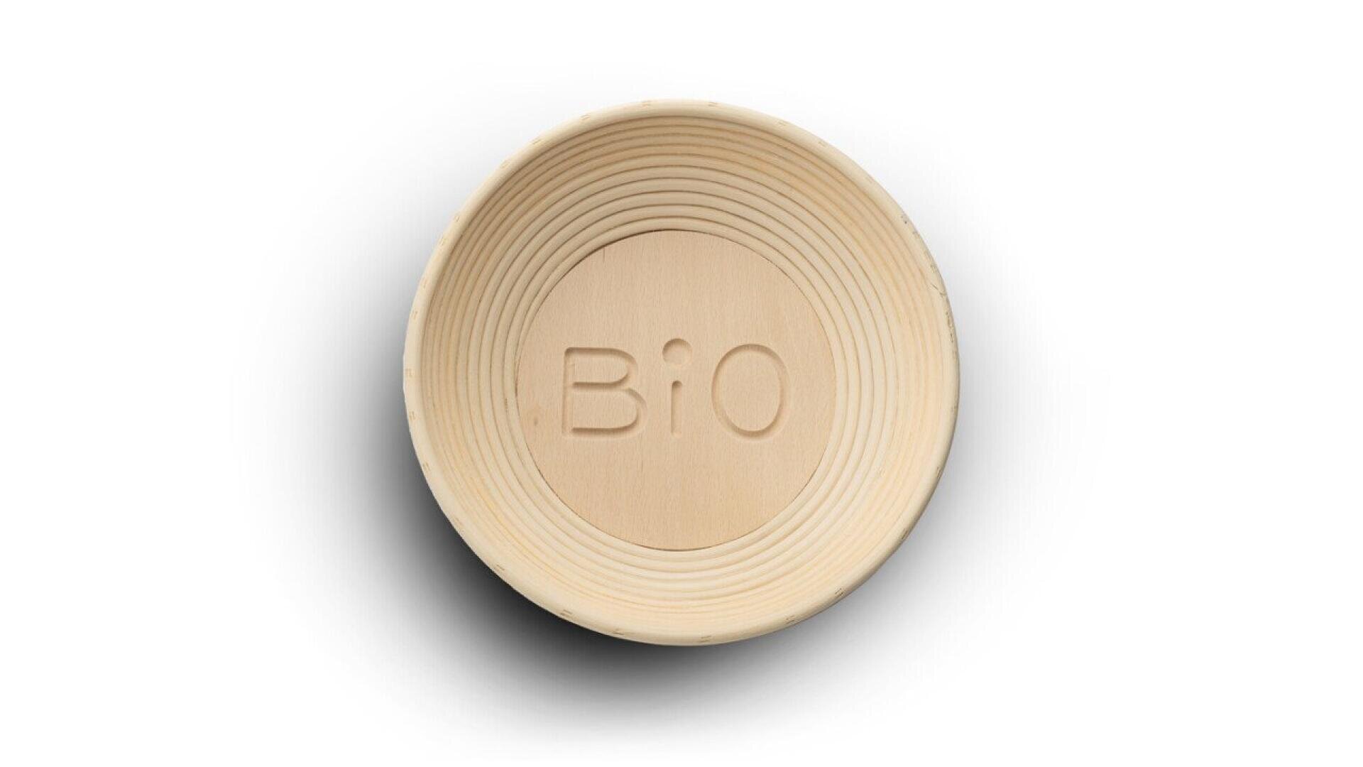 A round, light-colored, textured bowl with the word BiO embossed in the center, viewed from above on a white background.