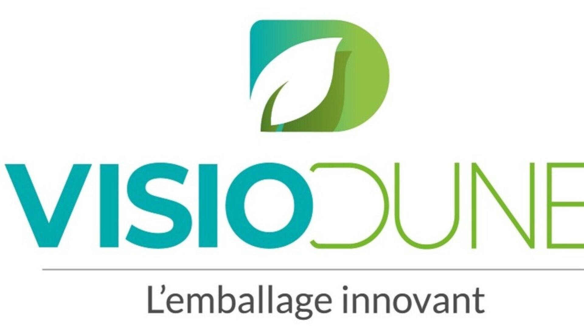 Logo mit grünem und blauem Blattmotiv über dem Schriftzug VISIODUNE und dem Slogan Lemballage innovant darunter, der auf eine innovative Verpackung hinweist.