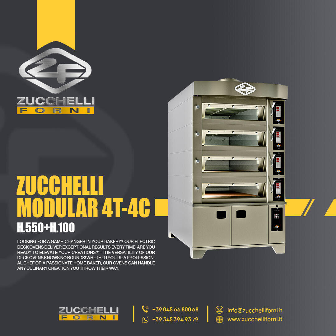 Promotional image for Zucchelli Forni featuring the Zucchelli Modular 4T-4C electric deck oven, with technical specs and company contact details on a gray and yellow background.