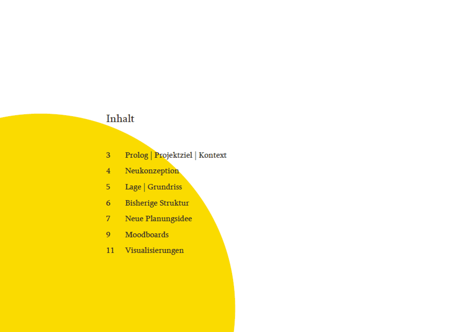 Inhaltsverzeichnis in deutscher Sprache auf weißem Hintergrund, mit einem großen gelben Kreis in der unteren linken Ecke, der teilweise sichtbar ist. Die Themen sind mit den entsprechenden Seitenzahlen aufgeführt.