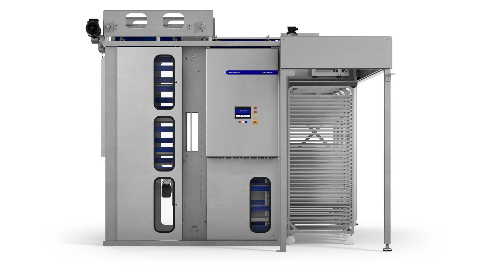 Eine große industrielle Bäckereimaschine aus rostfreiem Stahl mit einem Bedienfeld, vertikalen Fenstern und einem Gestell mit mehreren Blechen auf der rechten Seite, alles vor einem weißen Hintergrund.