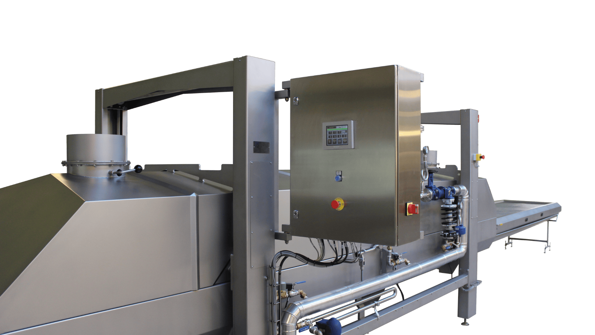Industrial food processing machine made of stainless steel with control panel, pipes and conveyor system, isolated on a transparent background.