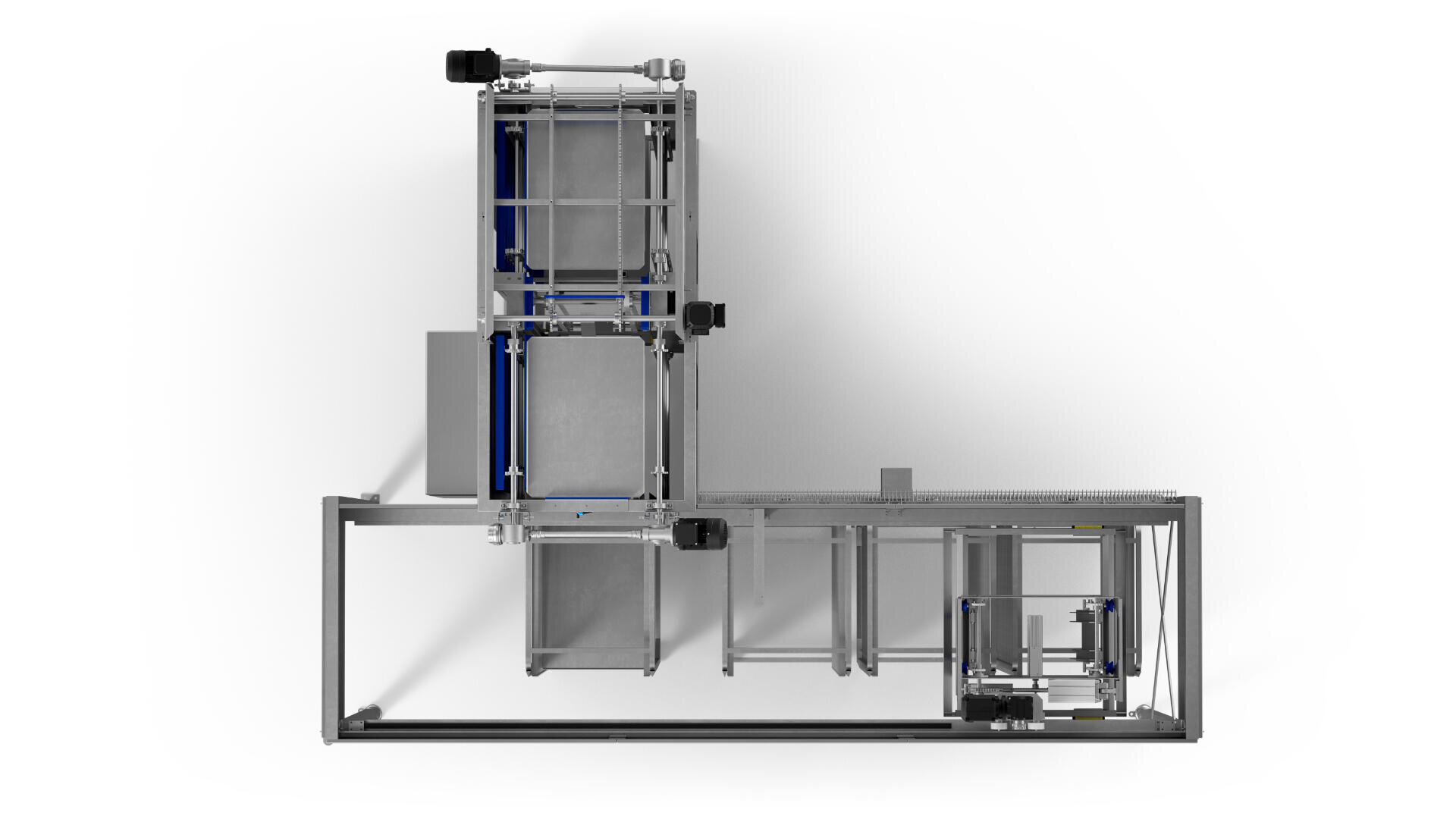 Draufsicht auf eine industrielle Metallmaschine mit vertikalen und horizontalen Komponenten, Motoren und blauen Akzenten vor einem weißen Hintergrund. Die Struktur scheint modular und für eine automatisierte Verarbeitung oder Montage ausgelegt zu sein.