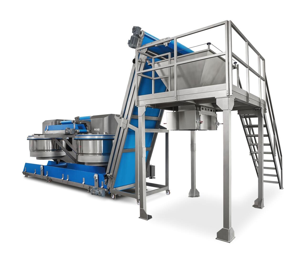 Industrial food processing machine with a blue conveyor belt, stainless steel frames, multiple round compartments, and an elevated platform with stairs, isolated on a white background.