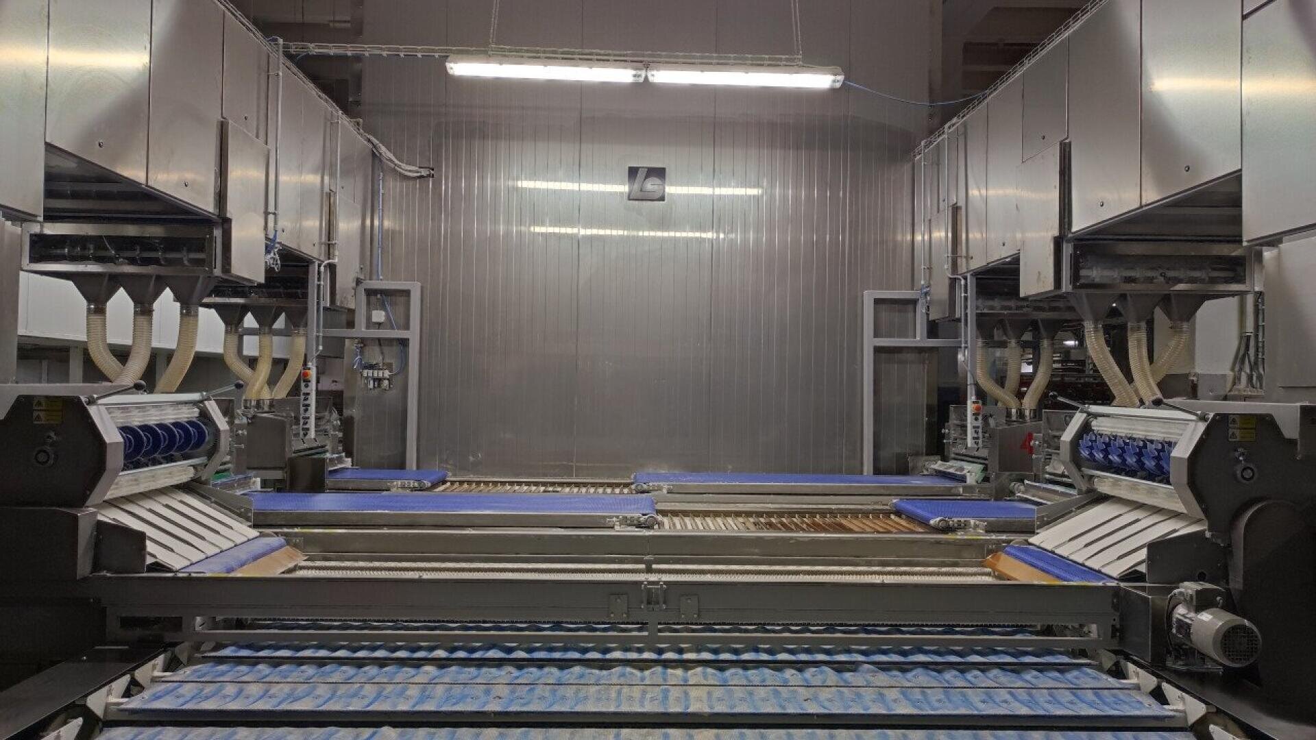 Eine moderne industrielle Bäckereiproduktionslinie mit Förderbändern und automatisierten Maschinen zur Verarbeitung und Verpackung von Backwaren in einer Fabrikumgebung.