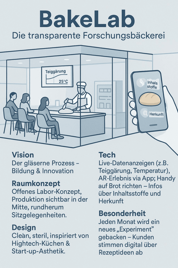 An illustrated poster for BakeLab, a transparent research bakery. Shows a lab with people working, a phone showing ingredient info, and text about vision, space concept, tech, and features in German.