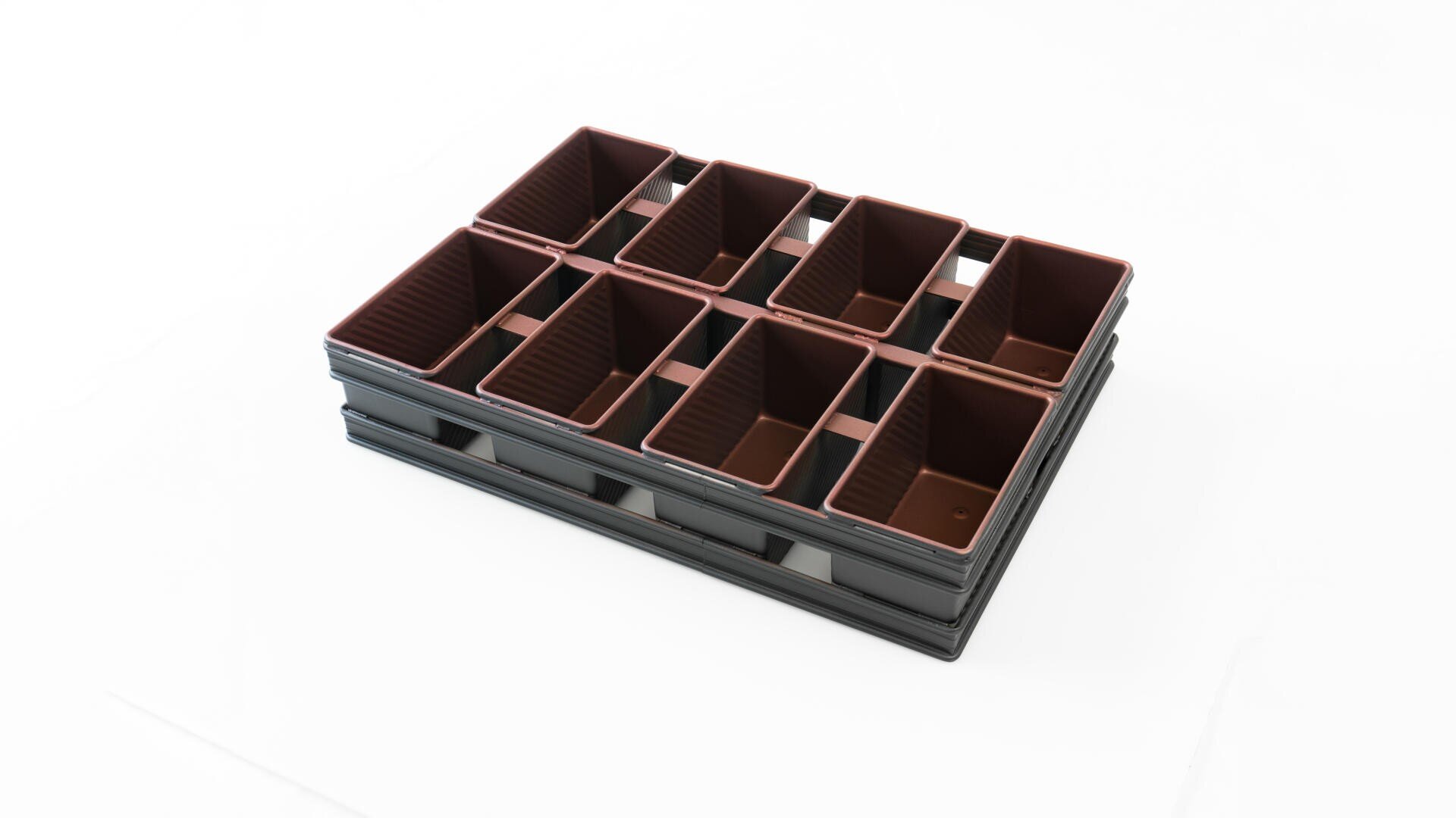 A black plastic tray holding twelve square brown plant pots, arranged in three rows of four, on a white background.