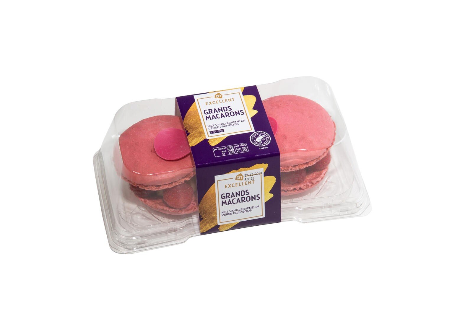 Eine durchsichtige Plastikschachtel, die zwei große rosa Macarons mit einem lila-goldenen Etikett mit der Aufschrift "Excellent Grands Macarons" auf weißem Hintergrund enthält.