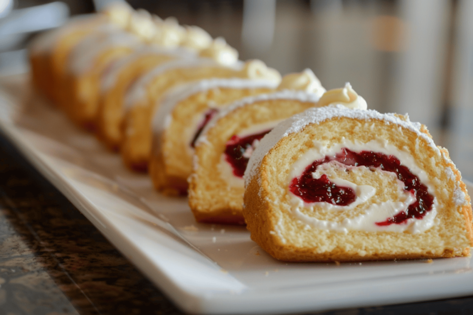 A close-up of sliced Swiss roll cake with a creamy white filling and a swirl of red fruit jam, neatly arranged on a rectangular white plate.