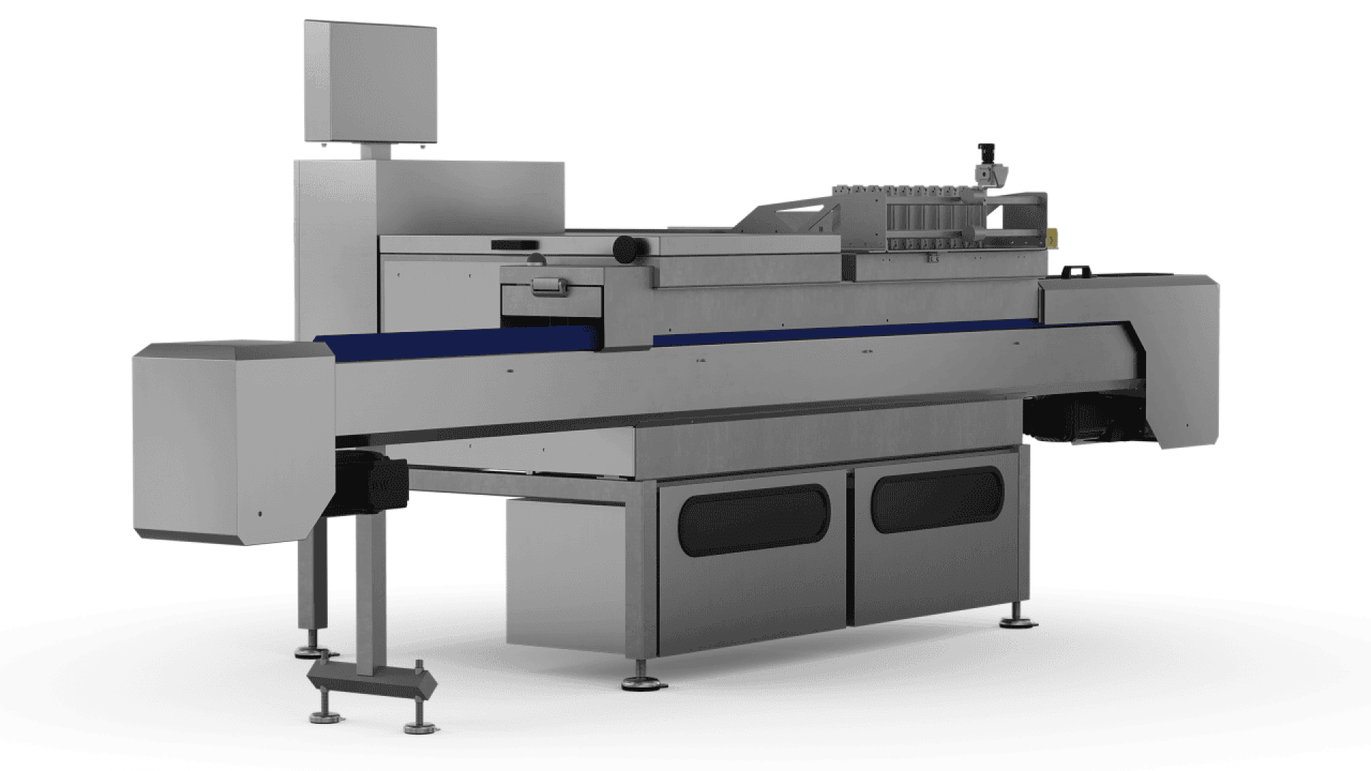 Eine große industrielle Lebensmittelverarbeitungsmaschine aus Edelstahl mit Förderband, Bedienfeld und mehreren Fächern, die für die automatisierte Produktion in einer Fabrik ausgelegt ist.