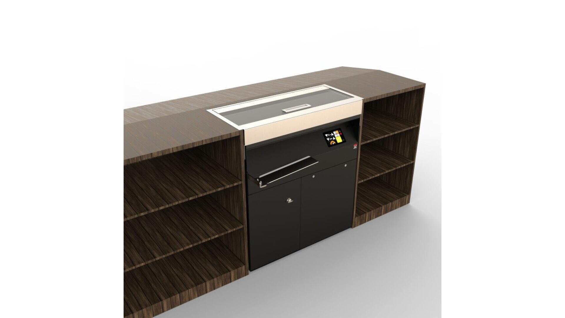 A modern self-service kiosk with a touchscreen display, central slot, and multiple wood-grain open shelves on either side, designed for integration into a counter or library setting.