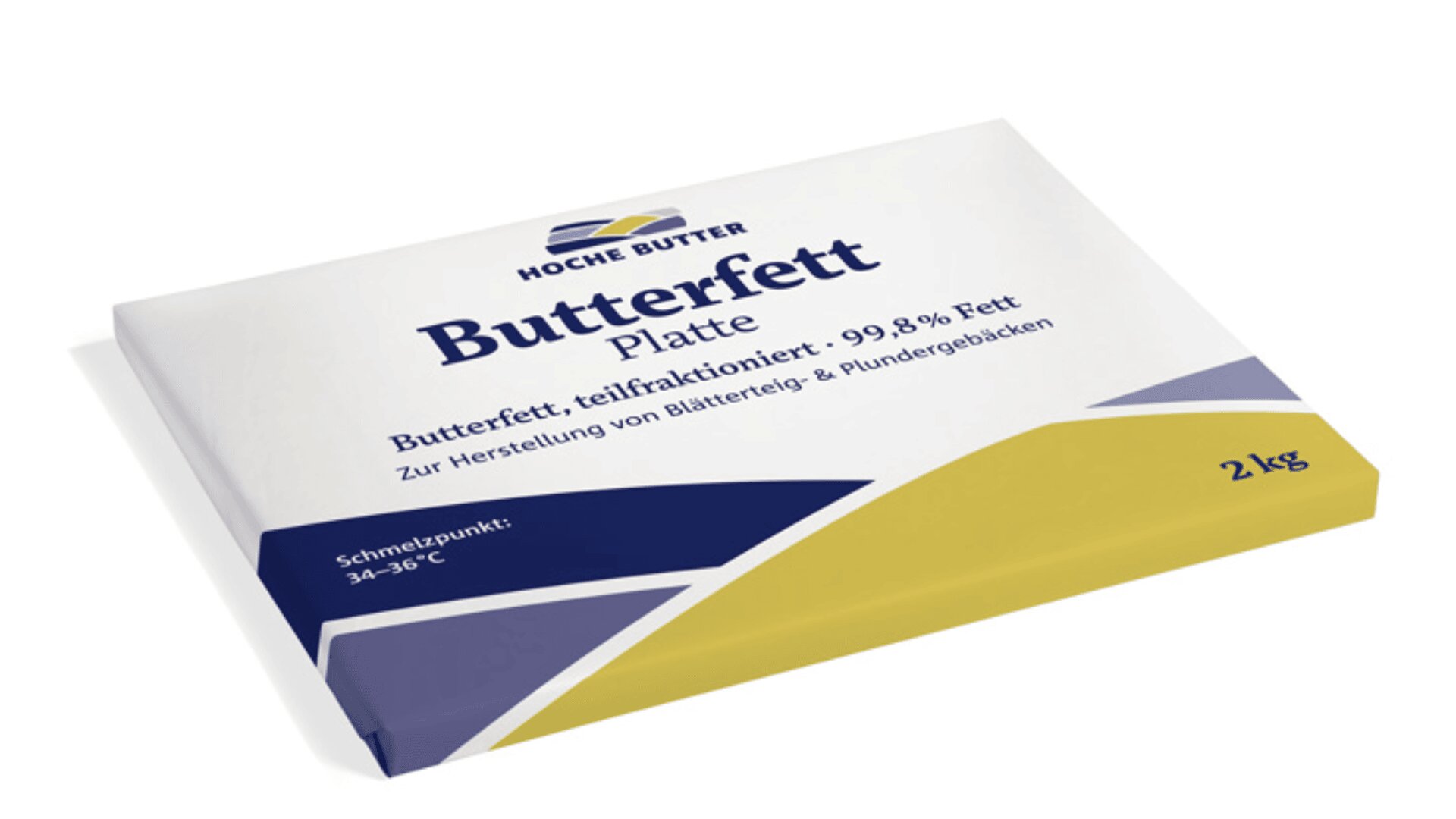 Eine rechteckige 2 kg-Verpackung Butterfett Platte mit weißem, gelbem und blauem Design. Das Etikett enthält 99,8 % Fett und ist in deutscher Sprache verfasst.