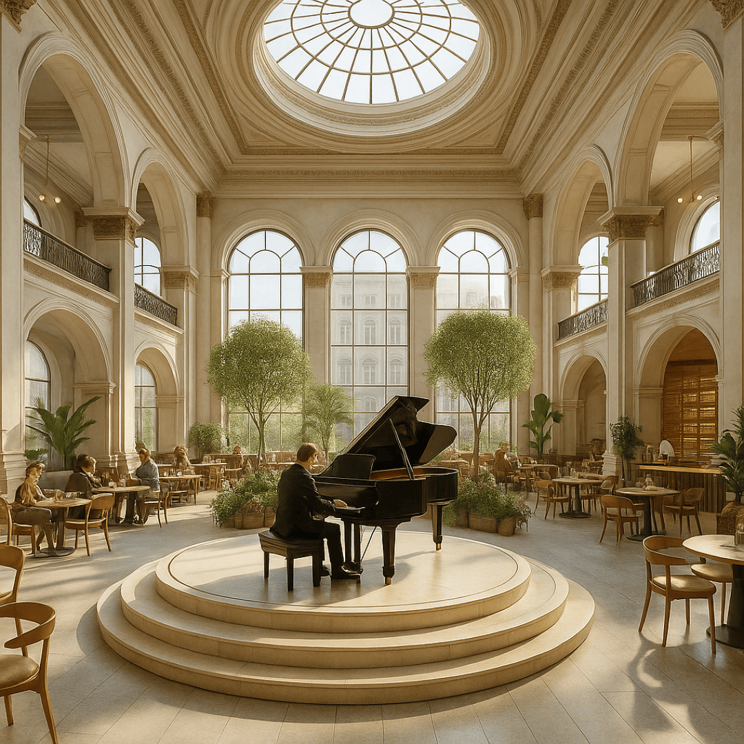 A man plays a grand piano on a circular platform in a spacious, elegant hall with large arched windows, high ceilings, indoor trees, and people seated at tables enjoying the ambiance.