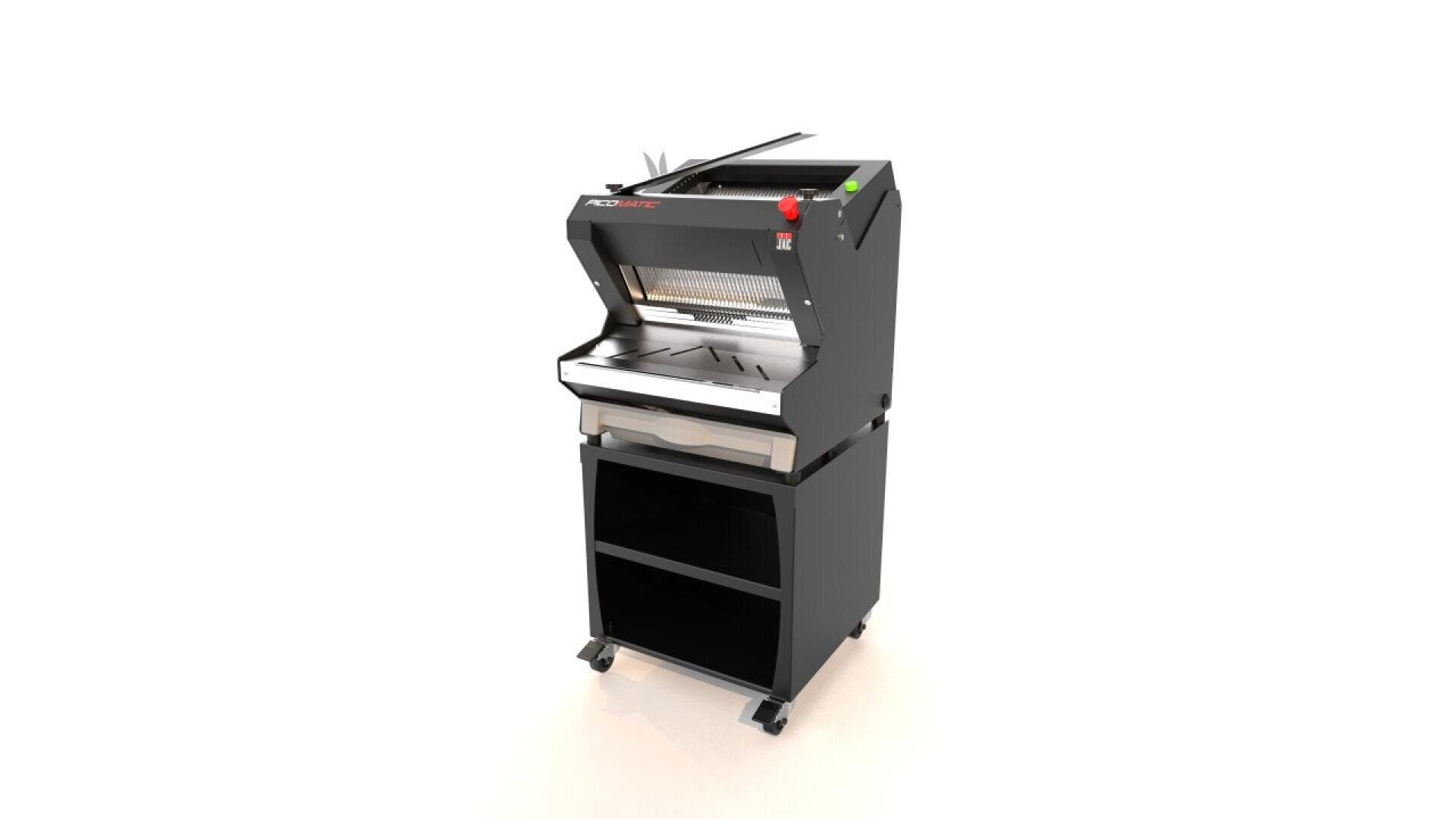 A black and silver commercial bread slicer machine with an open front, control buttons on the top right, and storage shelves below, all set against a plain white background.