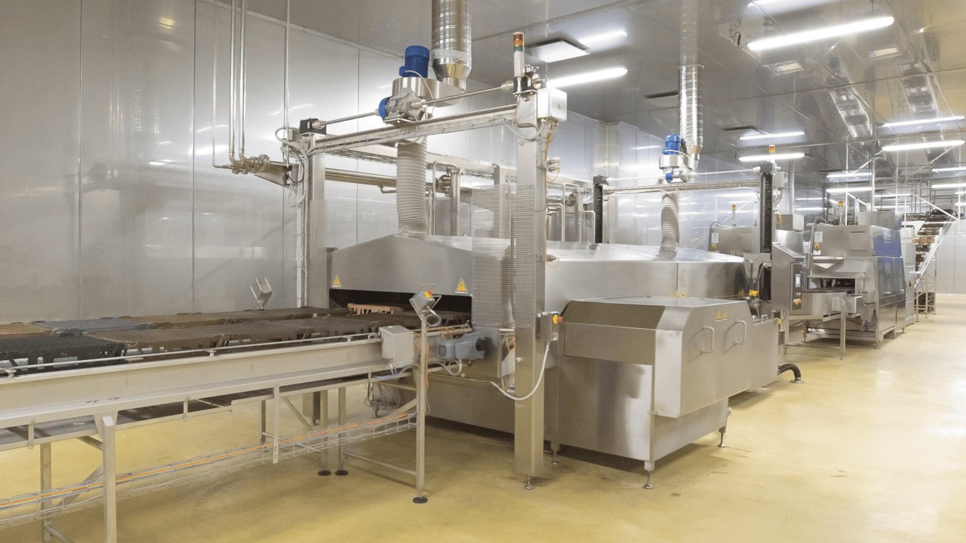 Eine moderne industrielle Lebensmittelverarbeitungsmaschine in einer großen, sauberen Fabrik mit Geräten aus Edelstahl und Förderbändern, die die Produkte durch das automatisierte System transportieren.