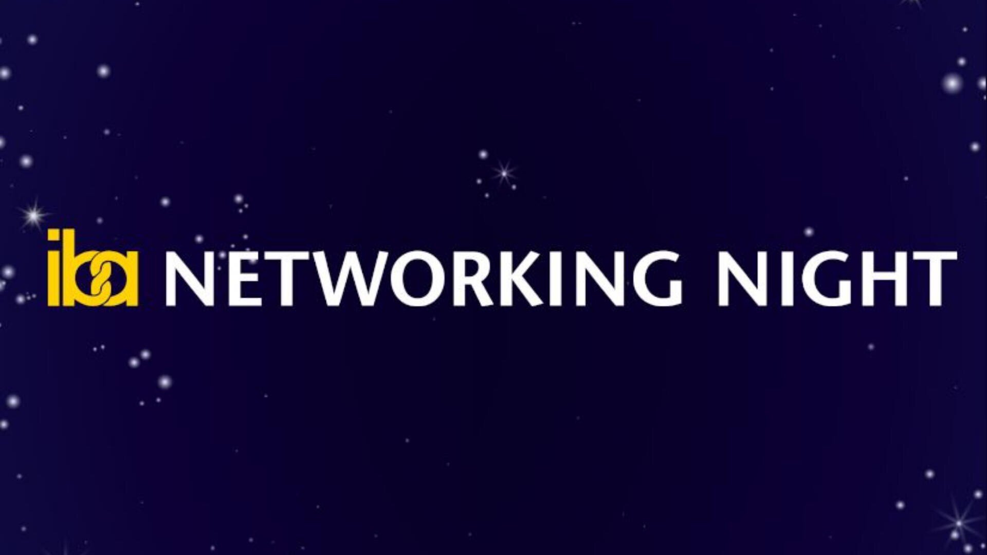 Dunkelblauer Hintergrund mit weißen Sternen, gelbes iba-Logo auf der linken Seite und großer weißer Text mit der Aufschrift NETWORKING NIGHT in der Mitte.