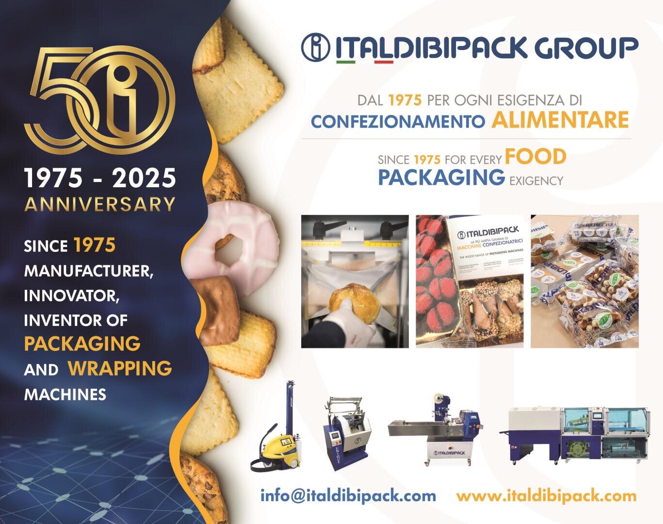 Anniversary poster for ITALDIBIPACK GROUP, celebrating 50 years (1975-2025) as a manufacturer and innovator of packaging and wrapping machines, with images of equipment, food, and company contact information.