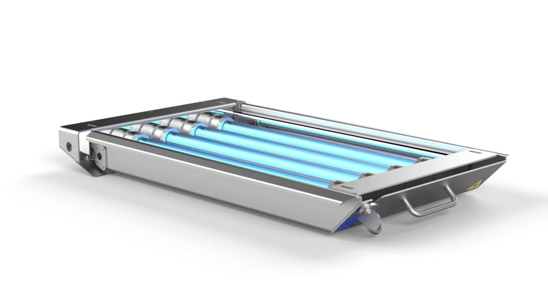 A rectangular metallic device with four glowing blue tubes, likely a UV sterilizer or sanitizer, placed on a white background. The device has a handle and wheels for mobility.